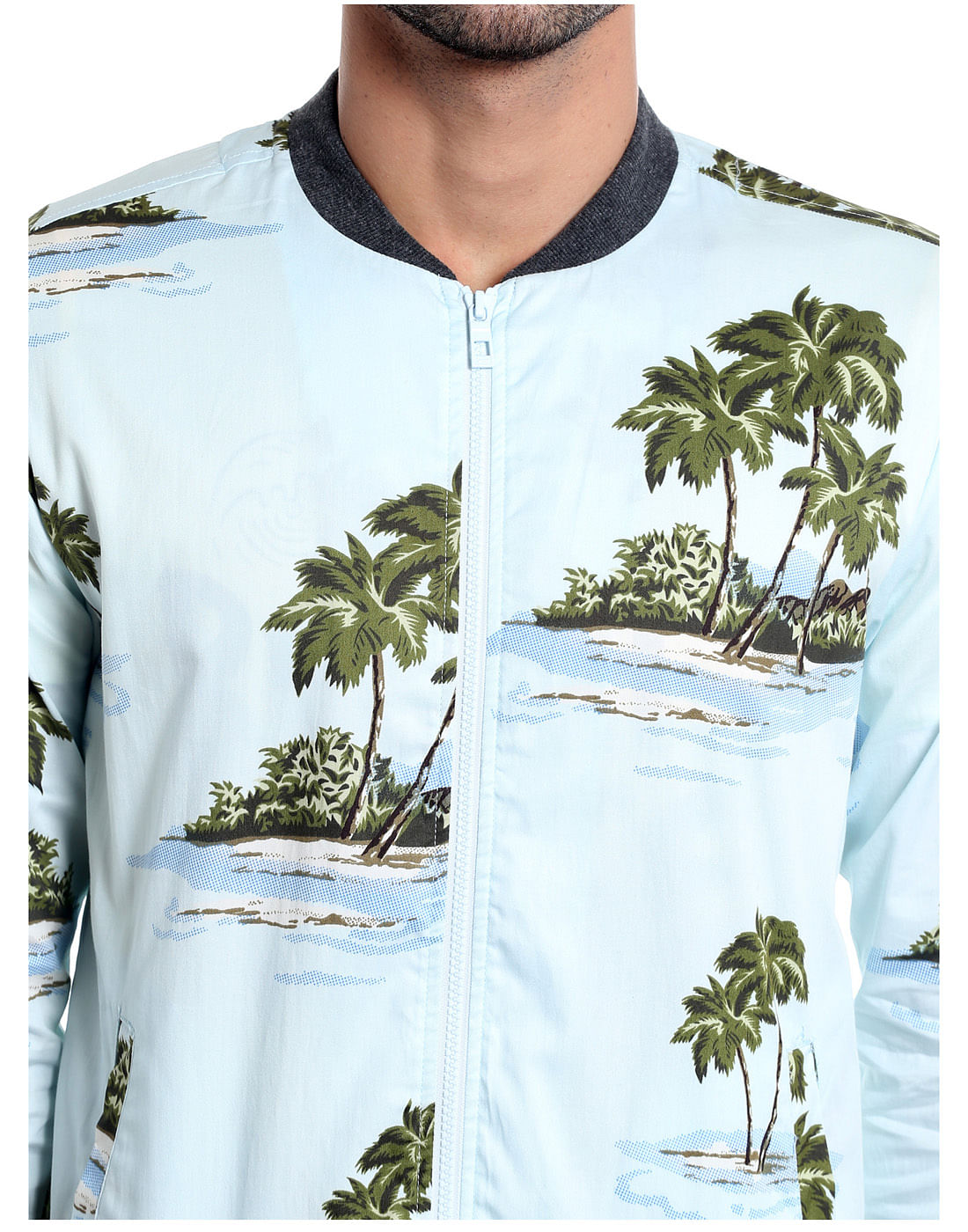 Light Blue Palm Tree Print Bomber Jacket
