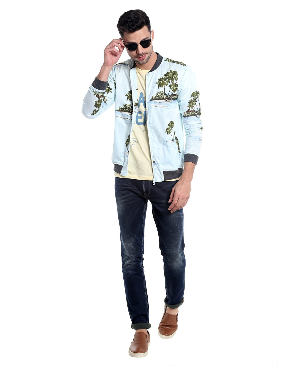 Light Blue Palm Tree Print Bomber Jacket