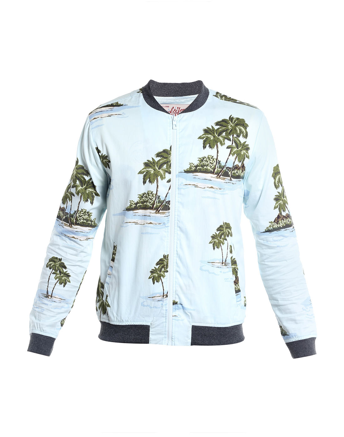 Light Blue Palm Tree Print Bomber Jacket