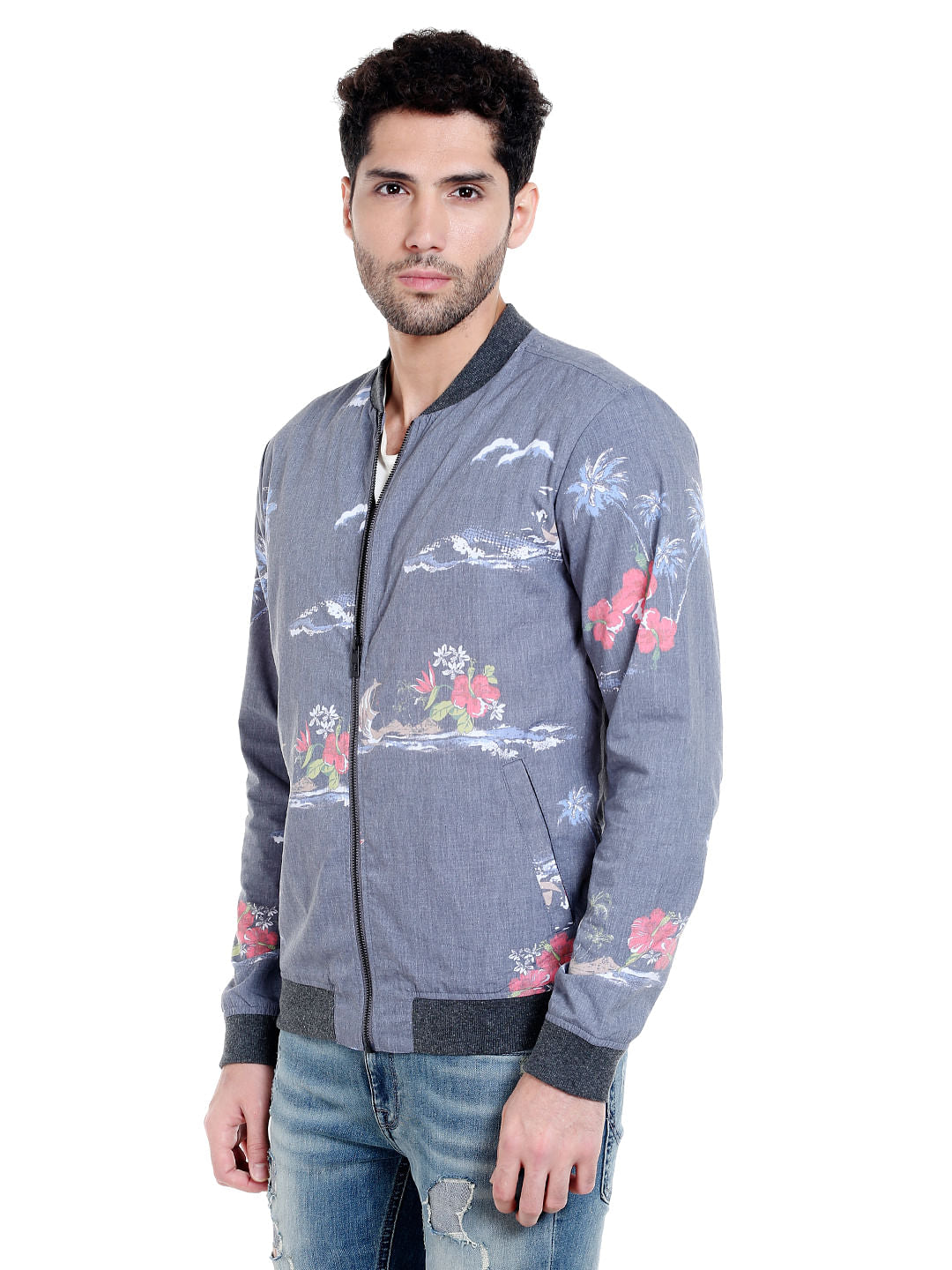 Grey Tropical Print Bomber Jacket