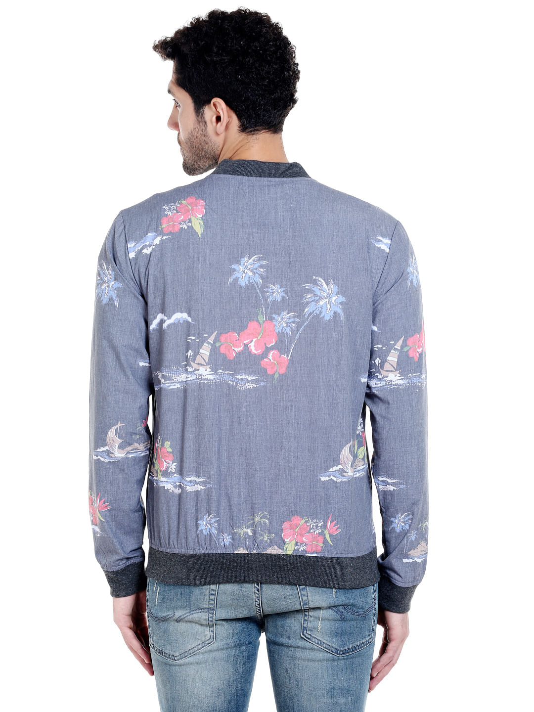 Grey Tropical Print Bomber Jacket
