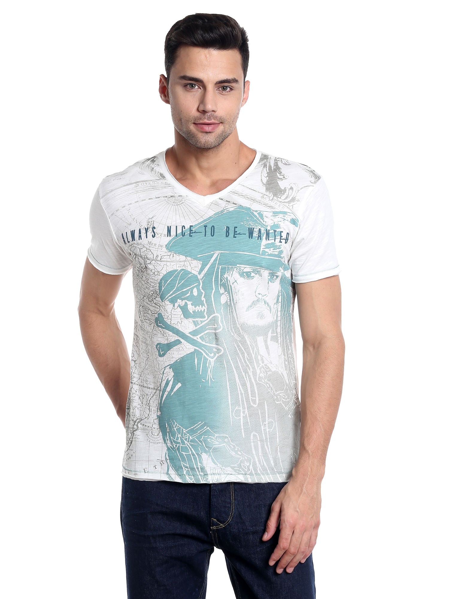 Pirates Of The Caribbean Jack Sparrow Print White T-Shirt