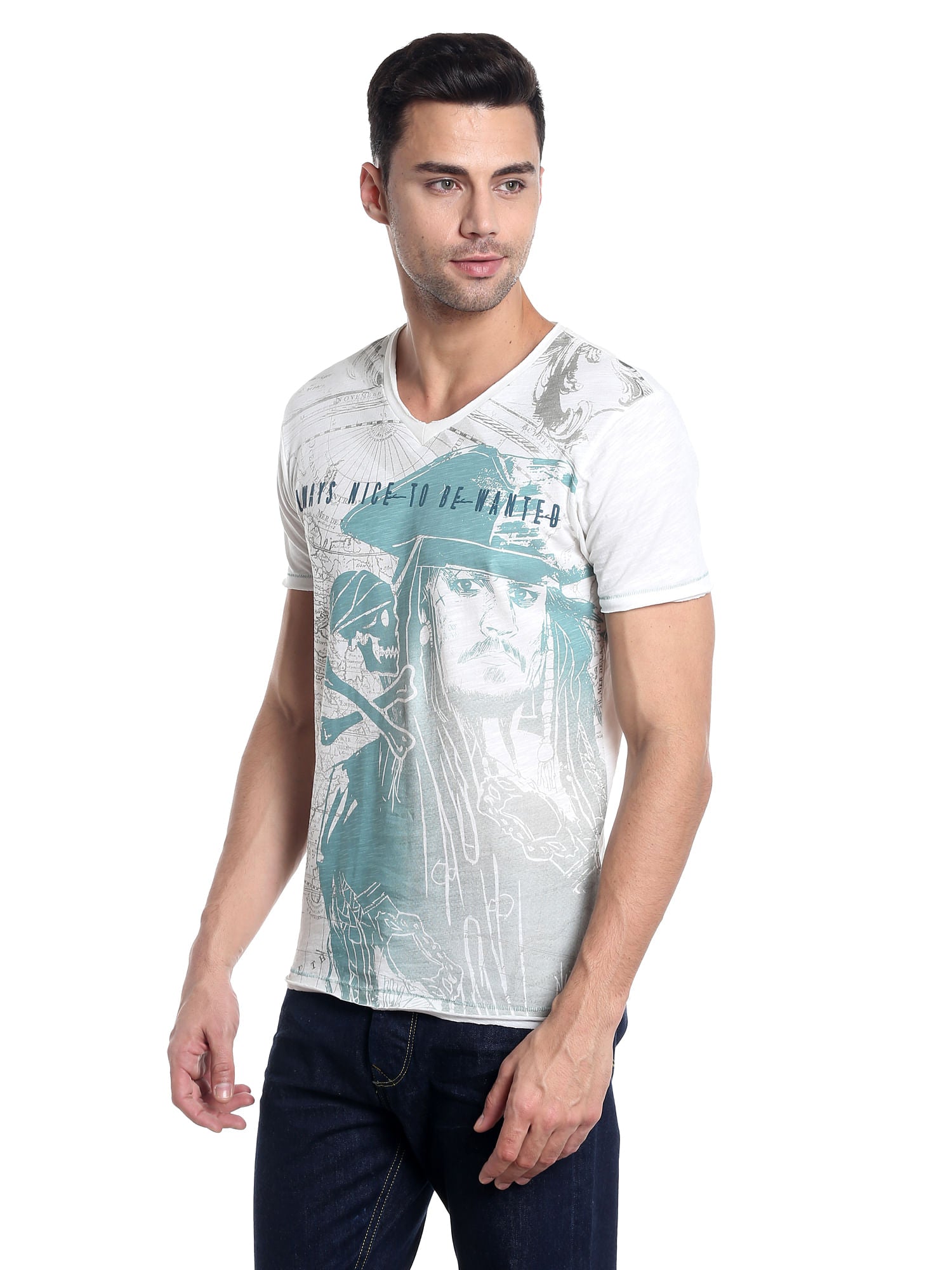 Pirates Of The Caribbean Jack Sparrow Print White T-Shirt