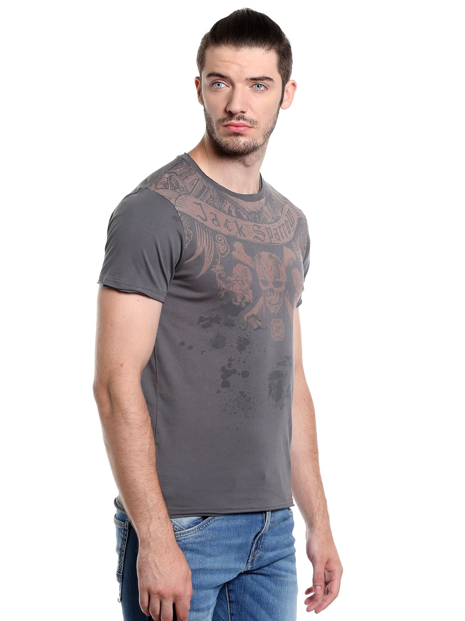 Pirates Of The Caribbean Jack Sparrow Printed Grey T-Shirt