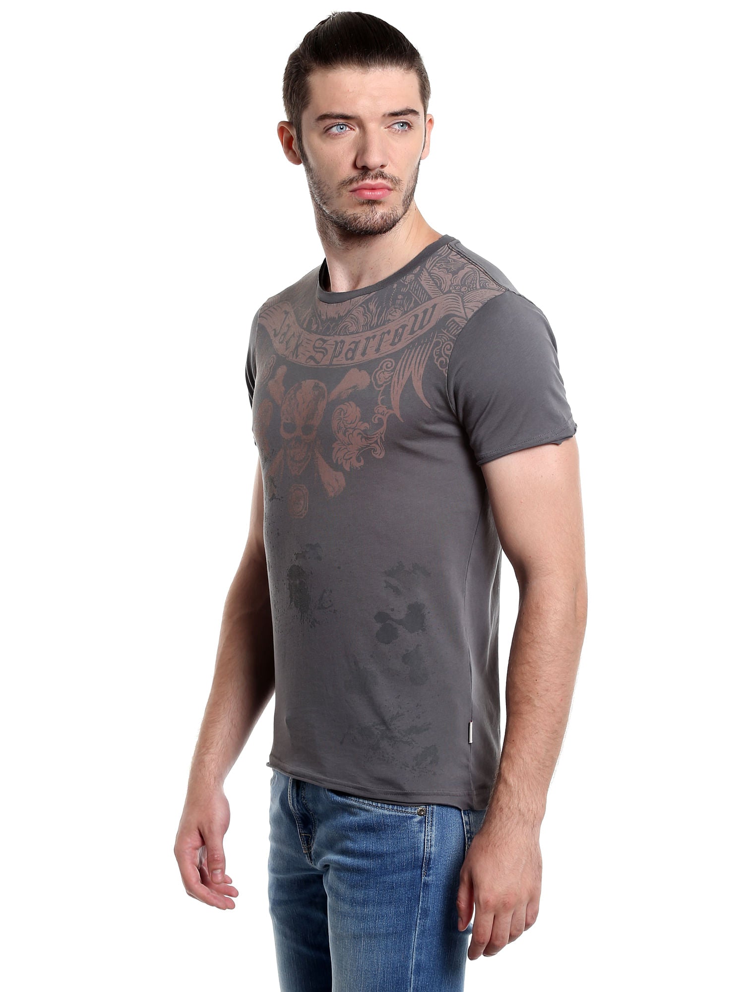 Pirates Of The Caribbean Jack Sparrow Printed Grey T-Shirt