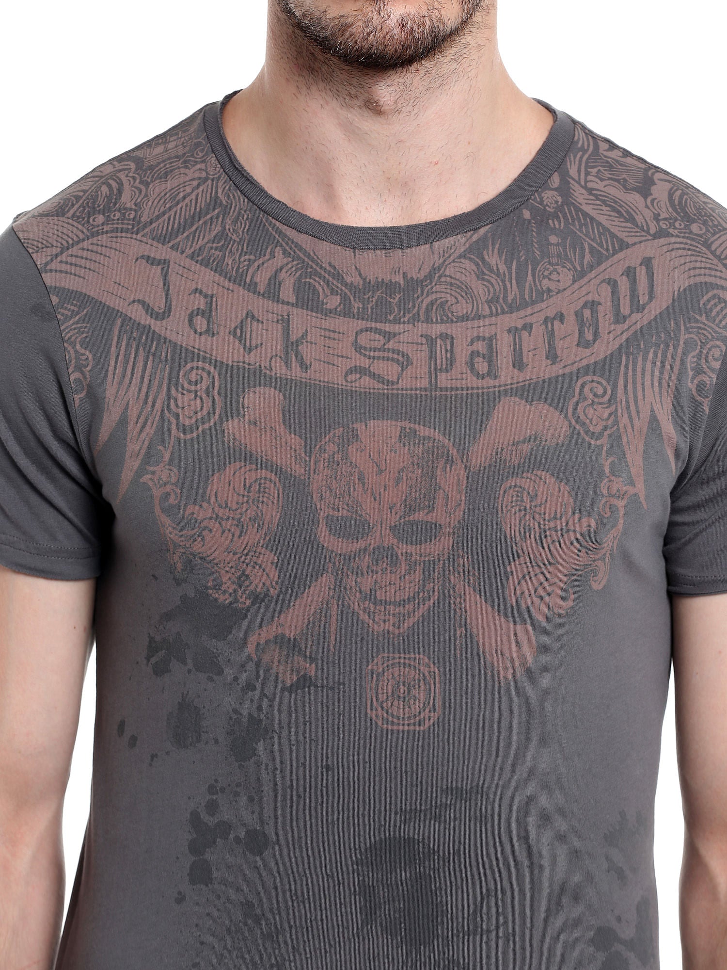 Pirates Of The Caribbean Jack Sparrow Printed Grey T-Shirt