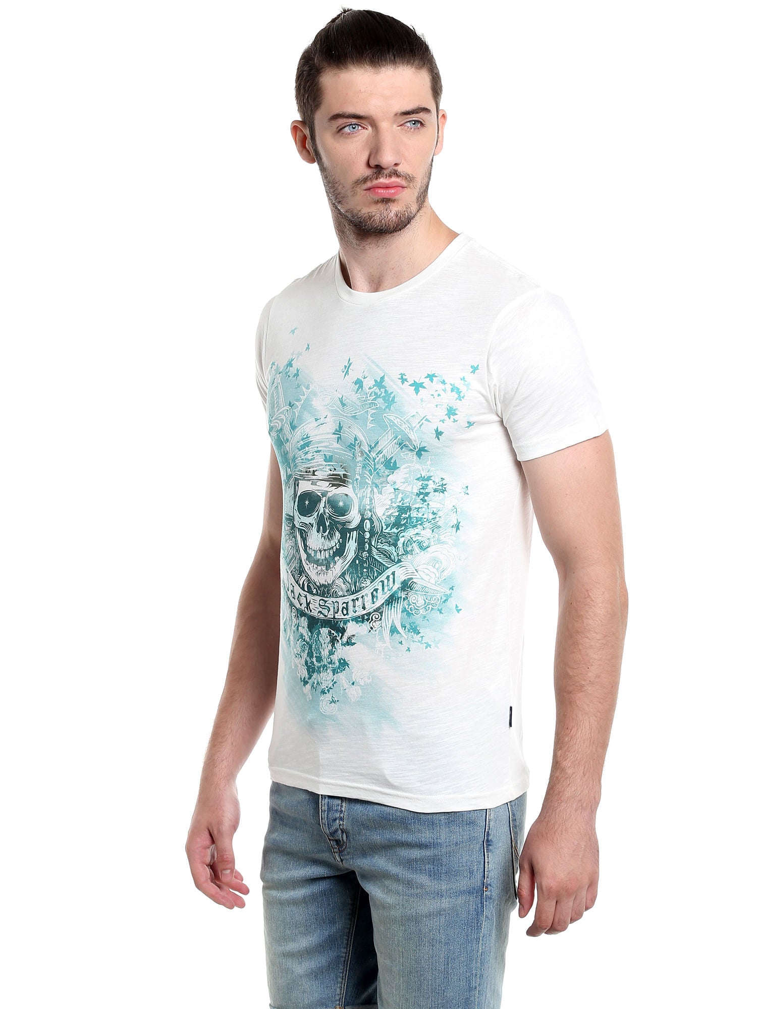 Pirates Of The Caribbean Skull Print White T-Shirt