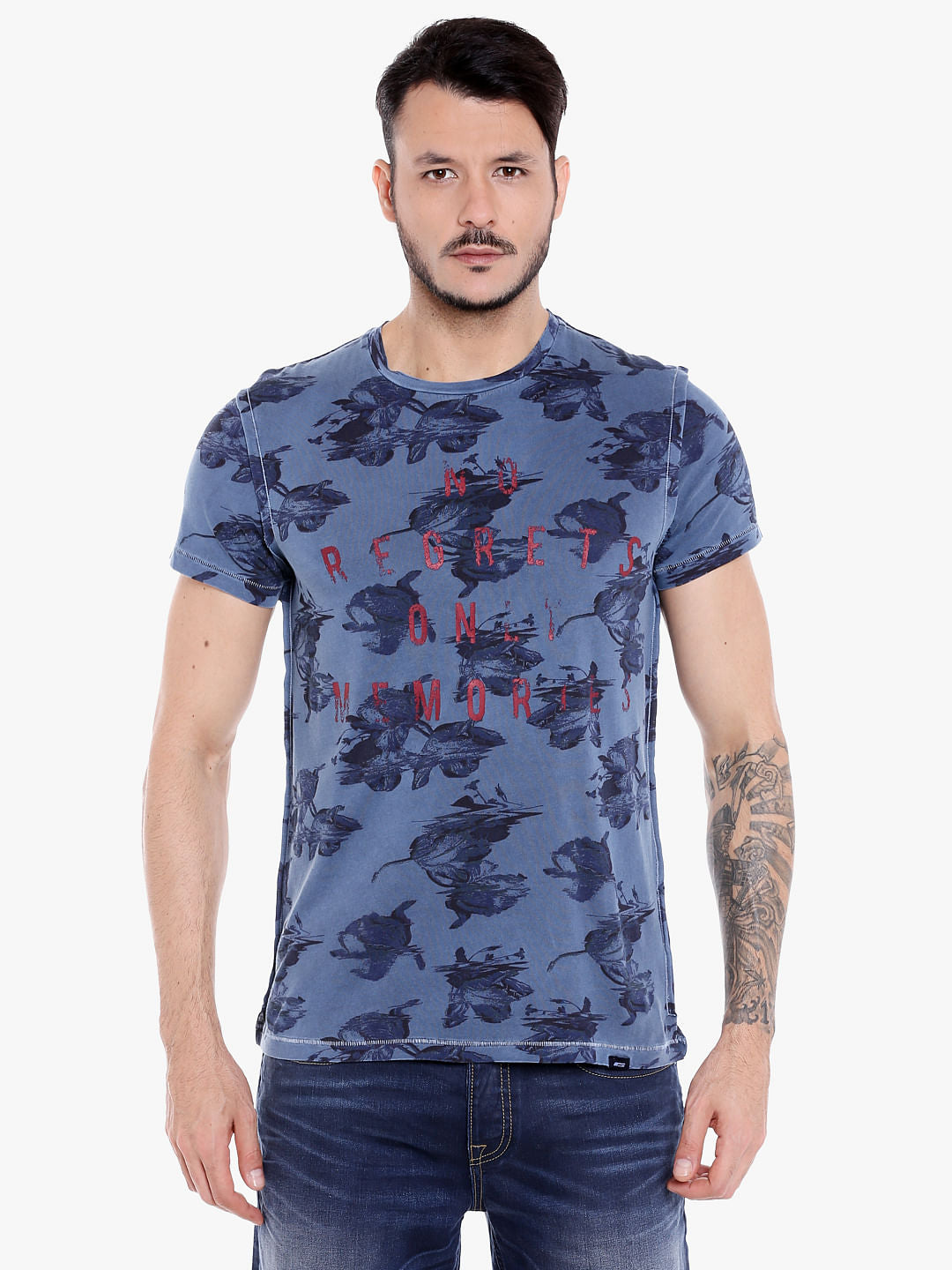 Blue All Over Printed Crew Neck T-Shirt