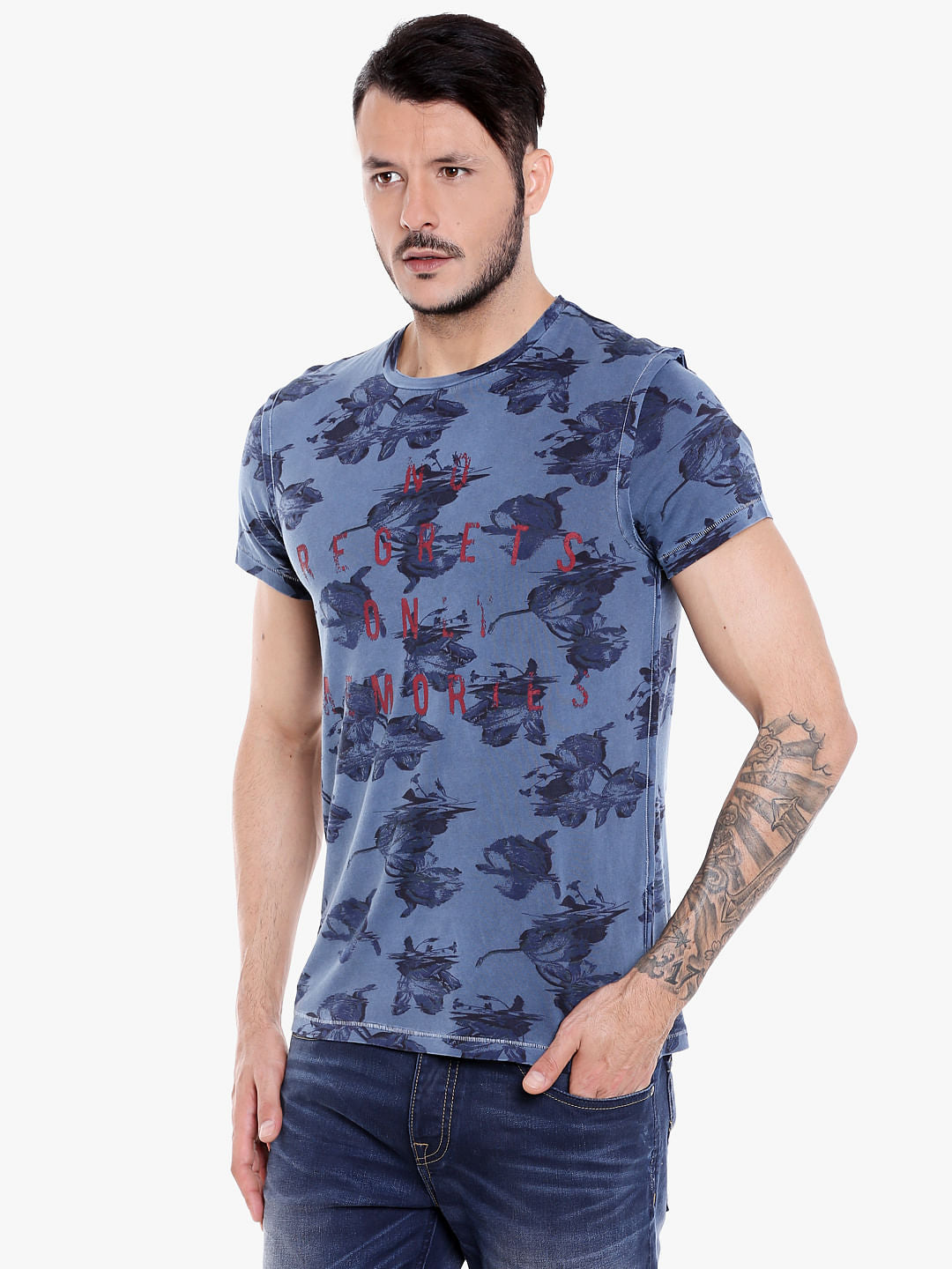 Blue All Over Printed Crew Neck T-Shirt