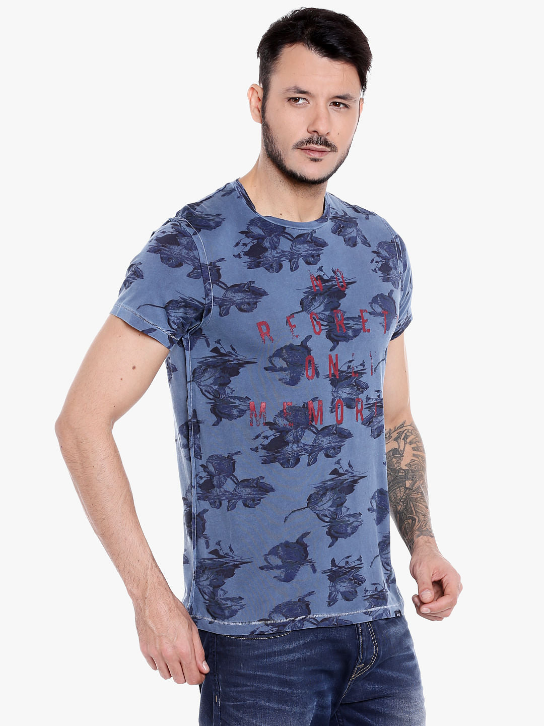 Blue All Over Printed Crew Neck T-Shirt