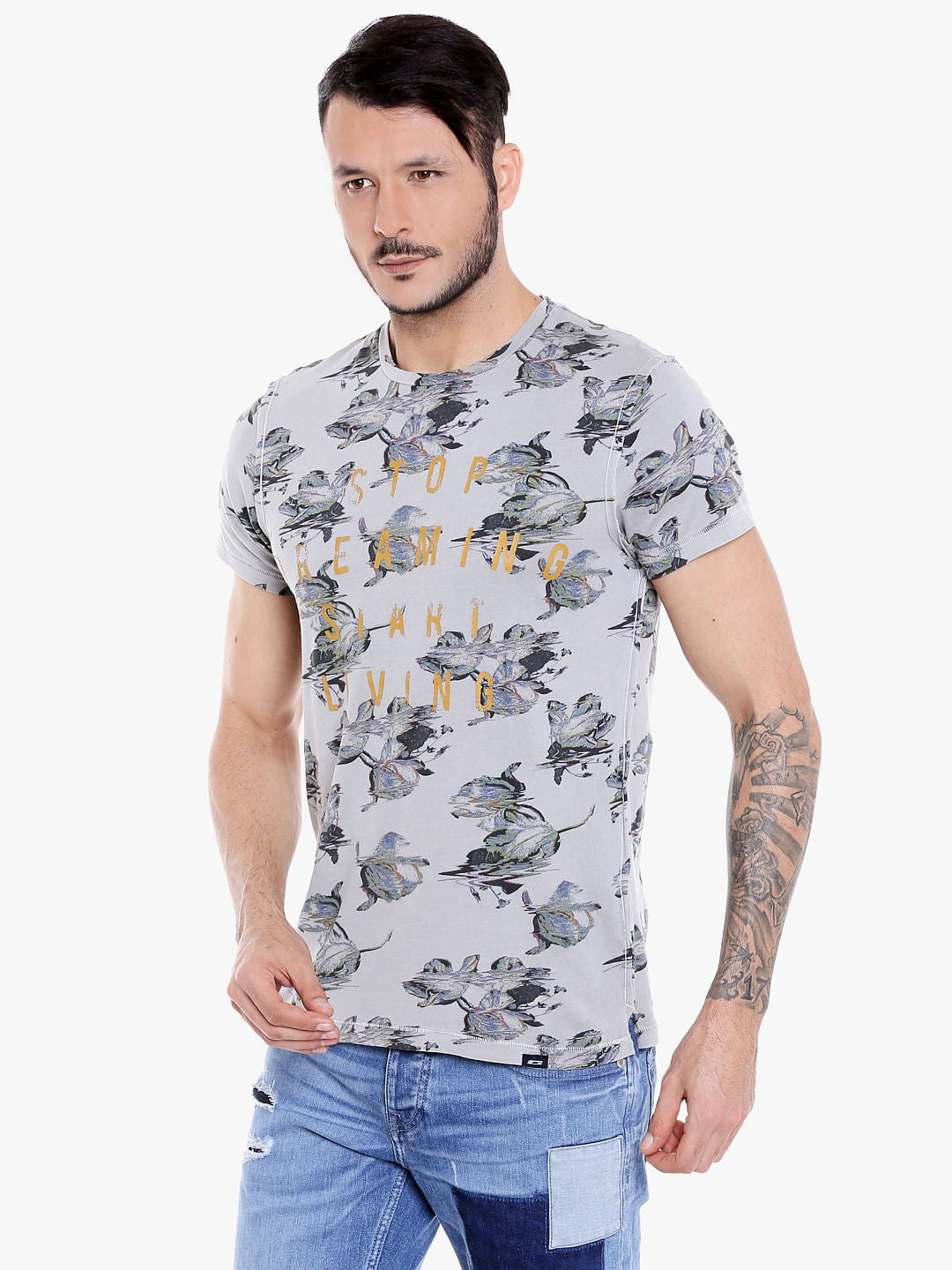 Grey All Over Print Crew Neck T-Shirt