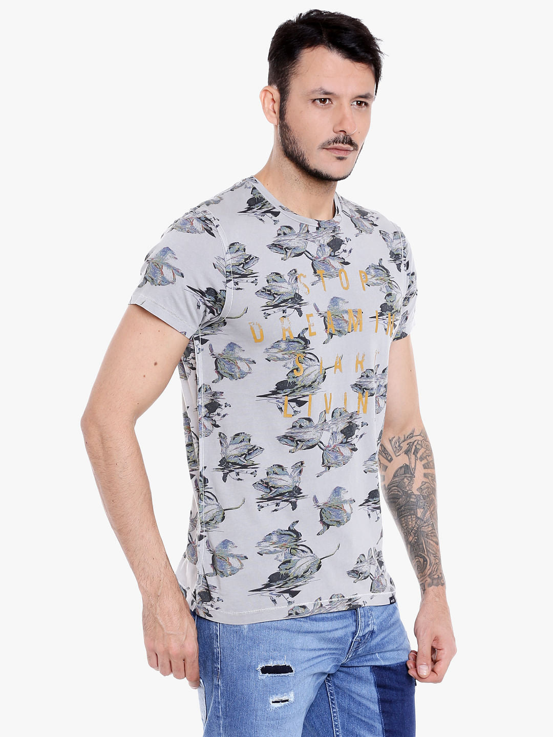 Grey All Over Print Crew Neck T-Shirt