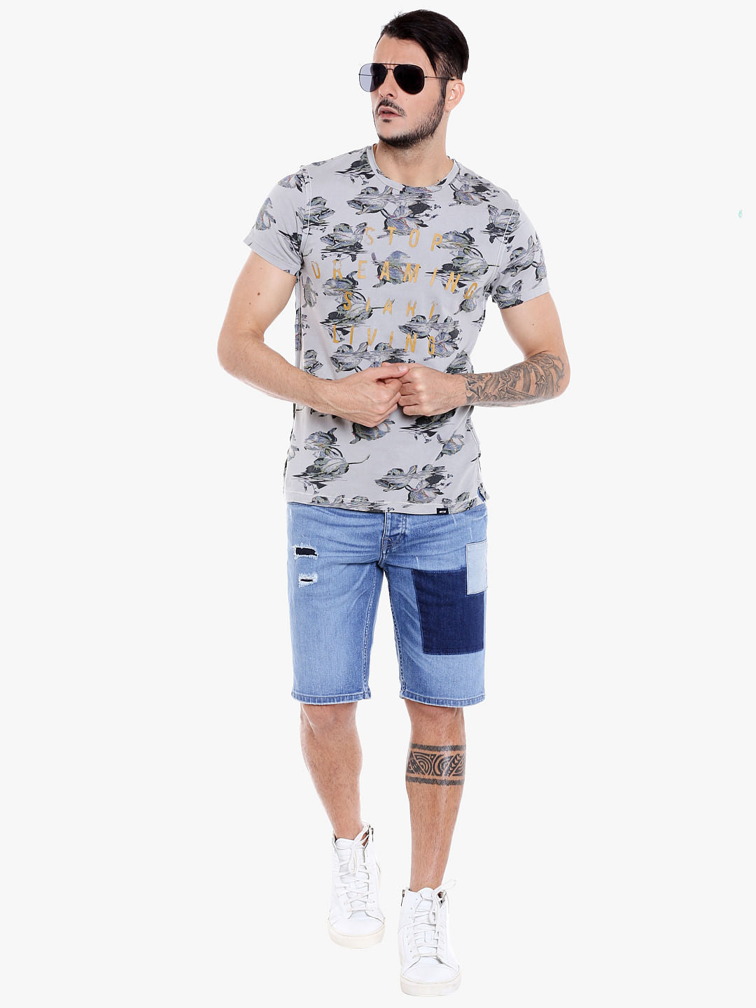 Grey All Over Print Crew Neck T-Shirt
