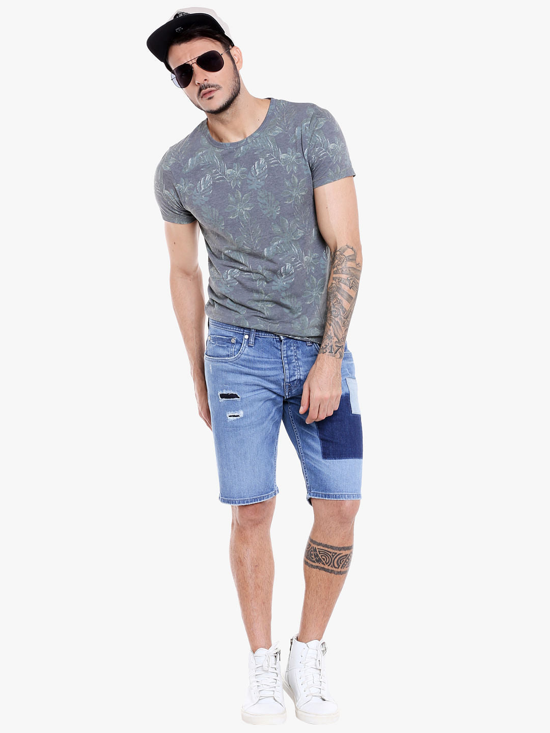 Grey Tropical Print Crew Neck T-Shirt