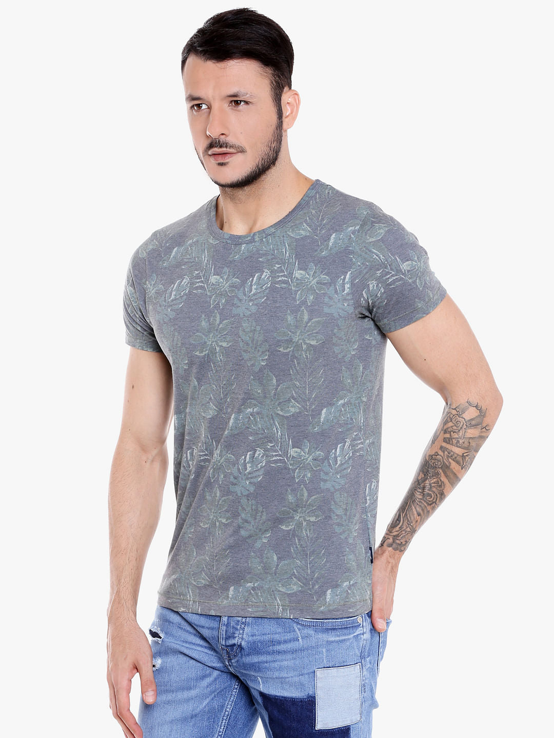 Grey Tropical Print Crew Neck T-Shirt