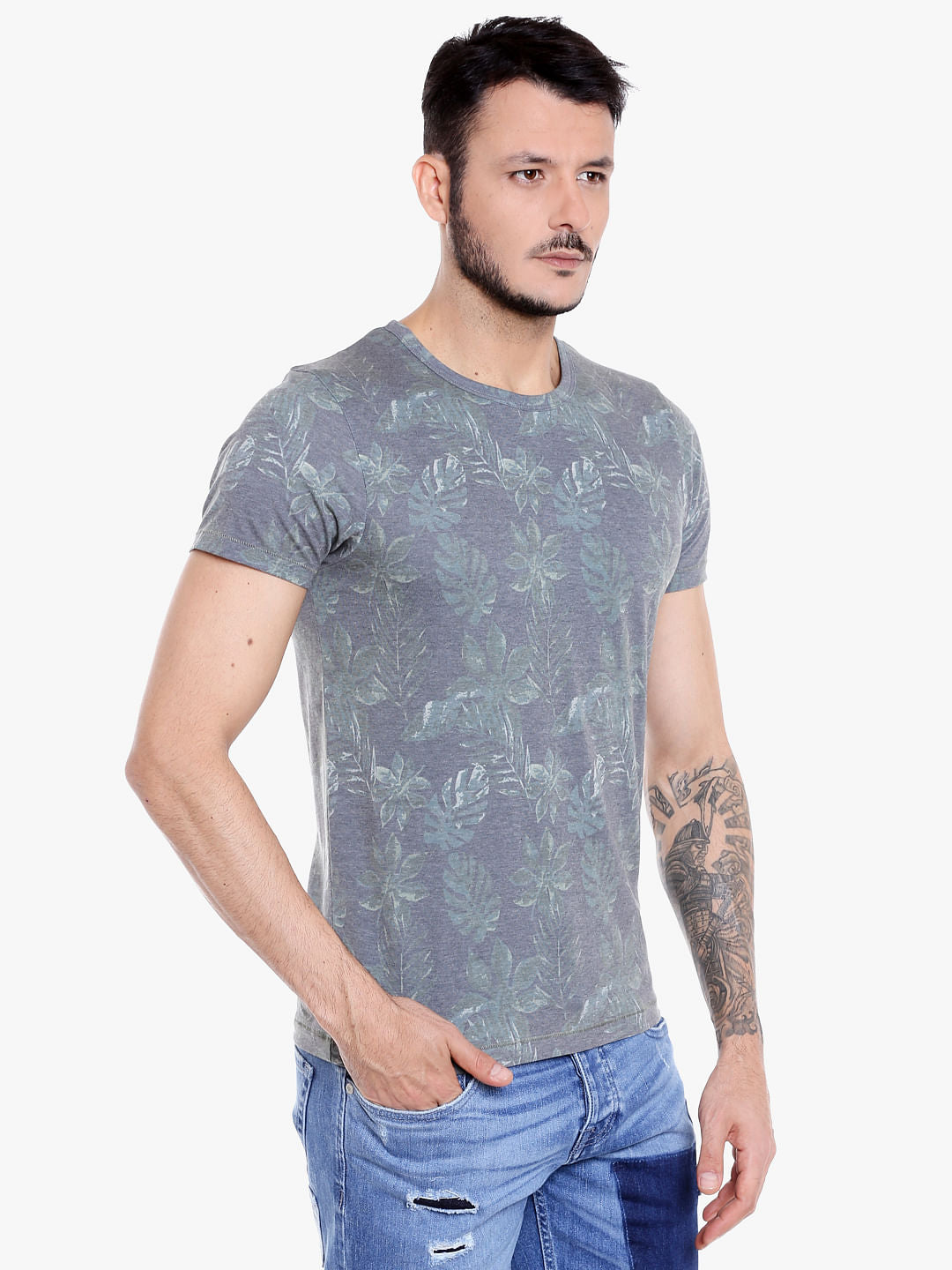 Grey Tropical Print Crew Neck T-Shirt