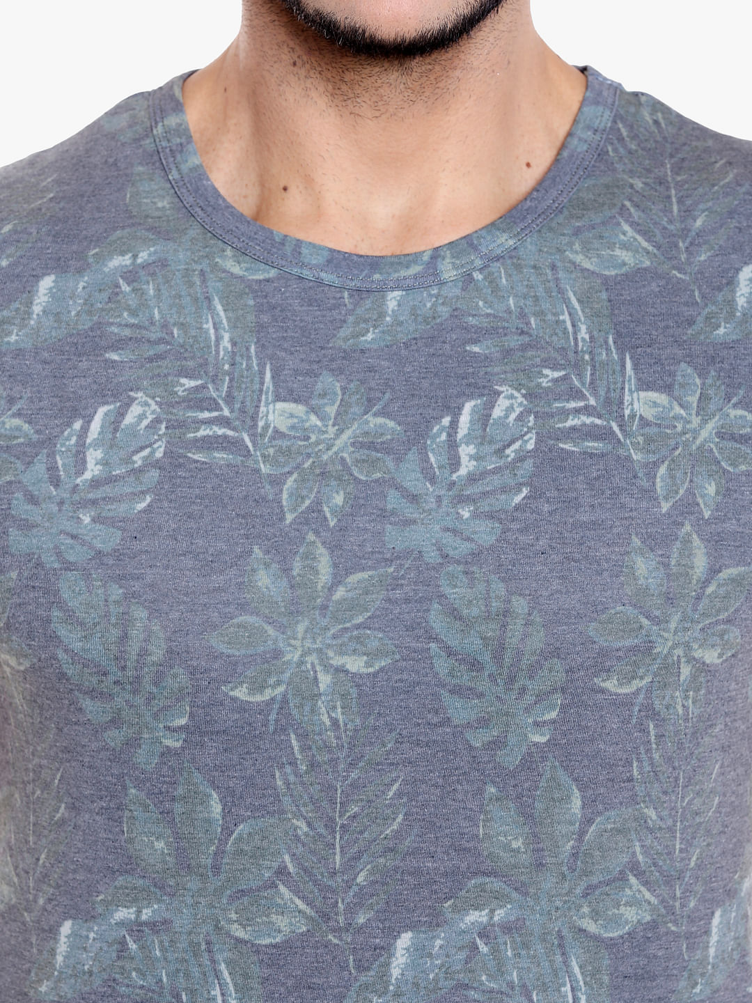 Grey Tropical Print Crew Neck T-Shirt