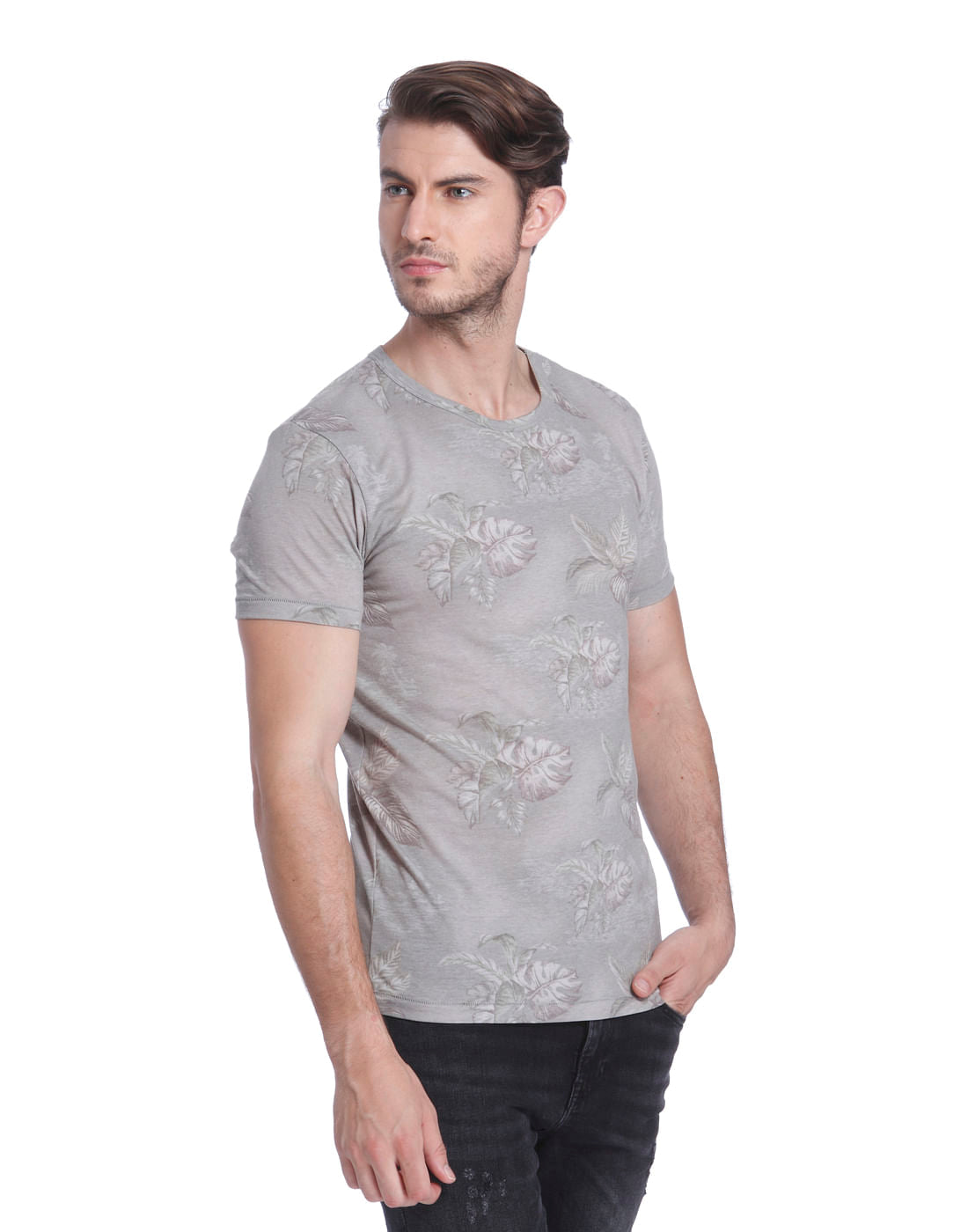 Grey Leaf Print Crew Neck T-Shirt