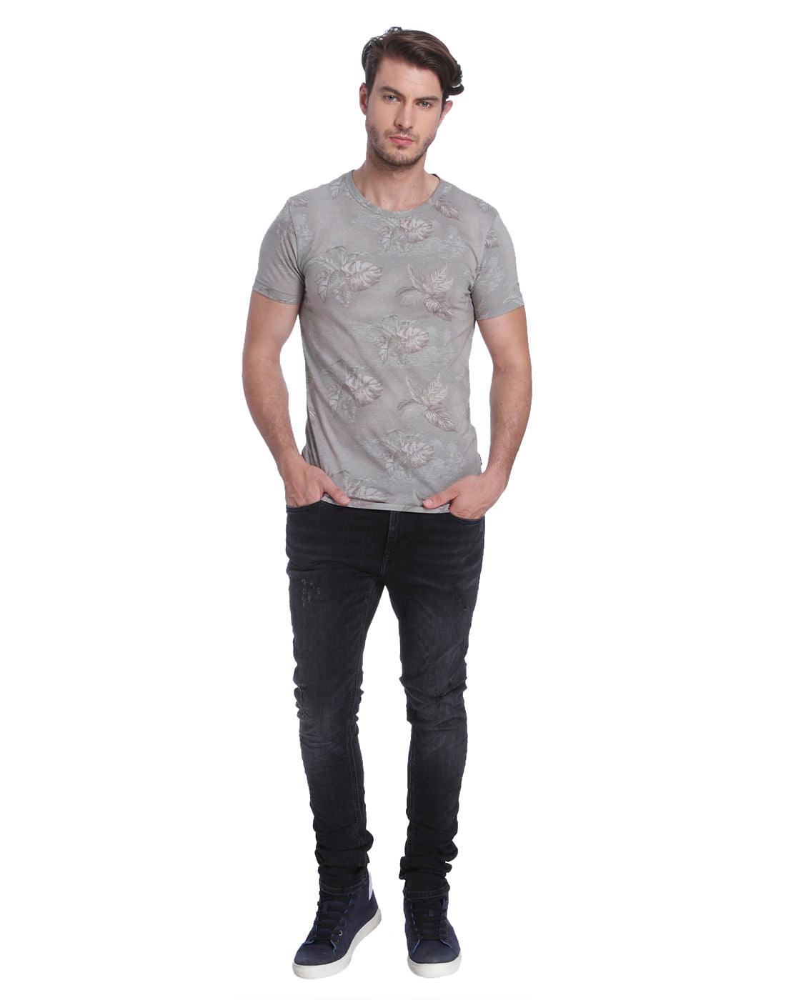 Grey Leaf Print Crew Neck T-Shirt