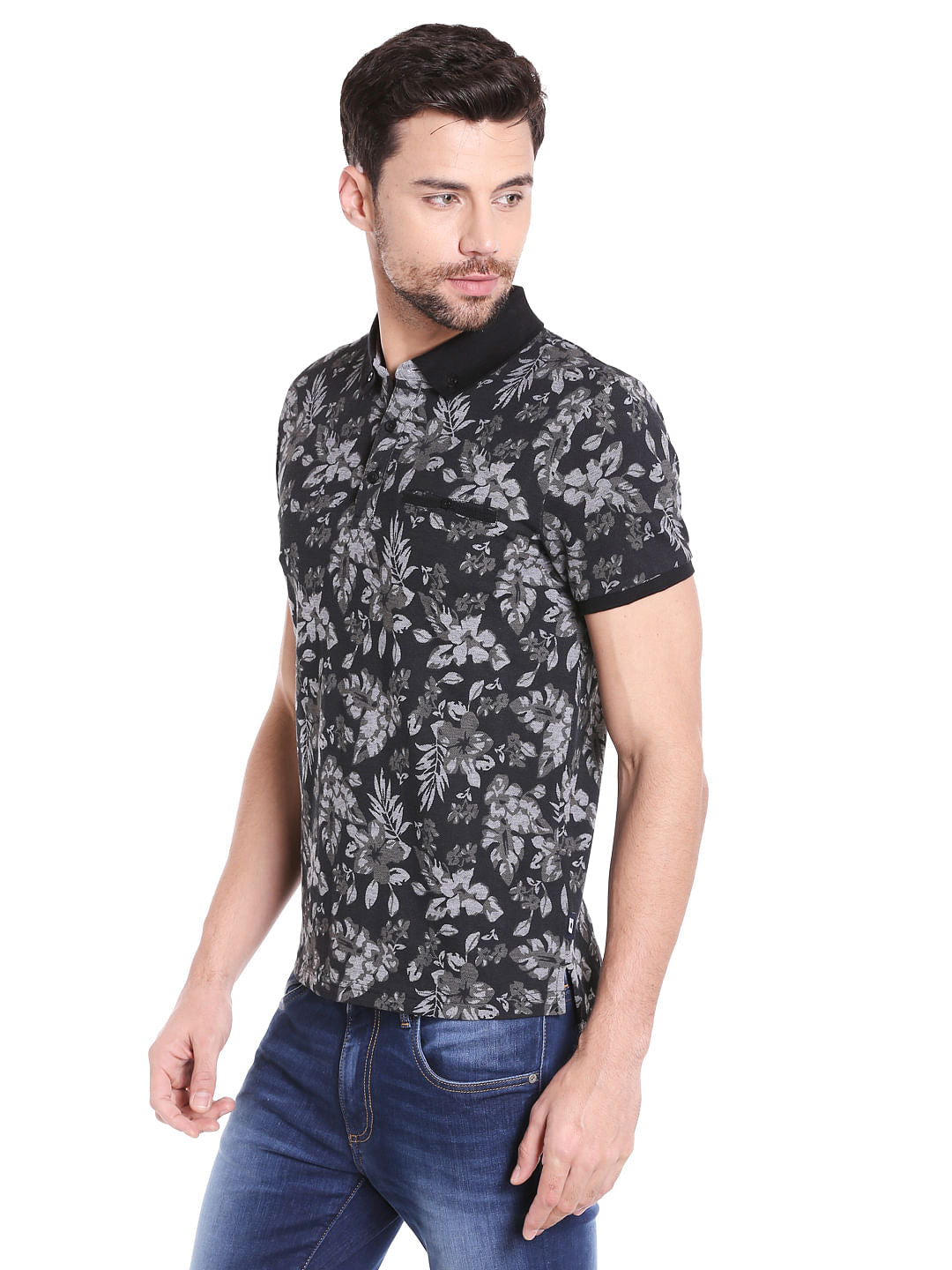 Black Floral Print Polo T-Shirt
