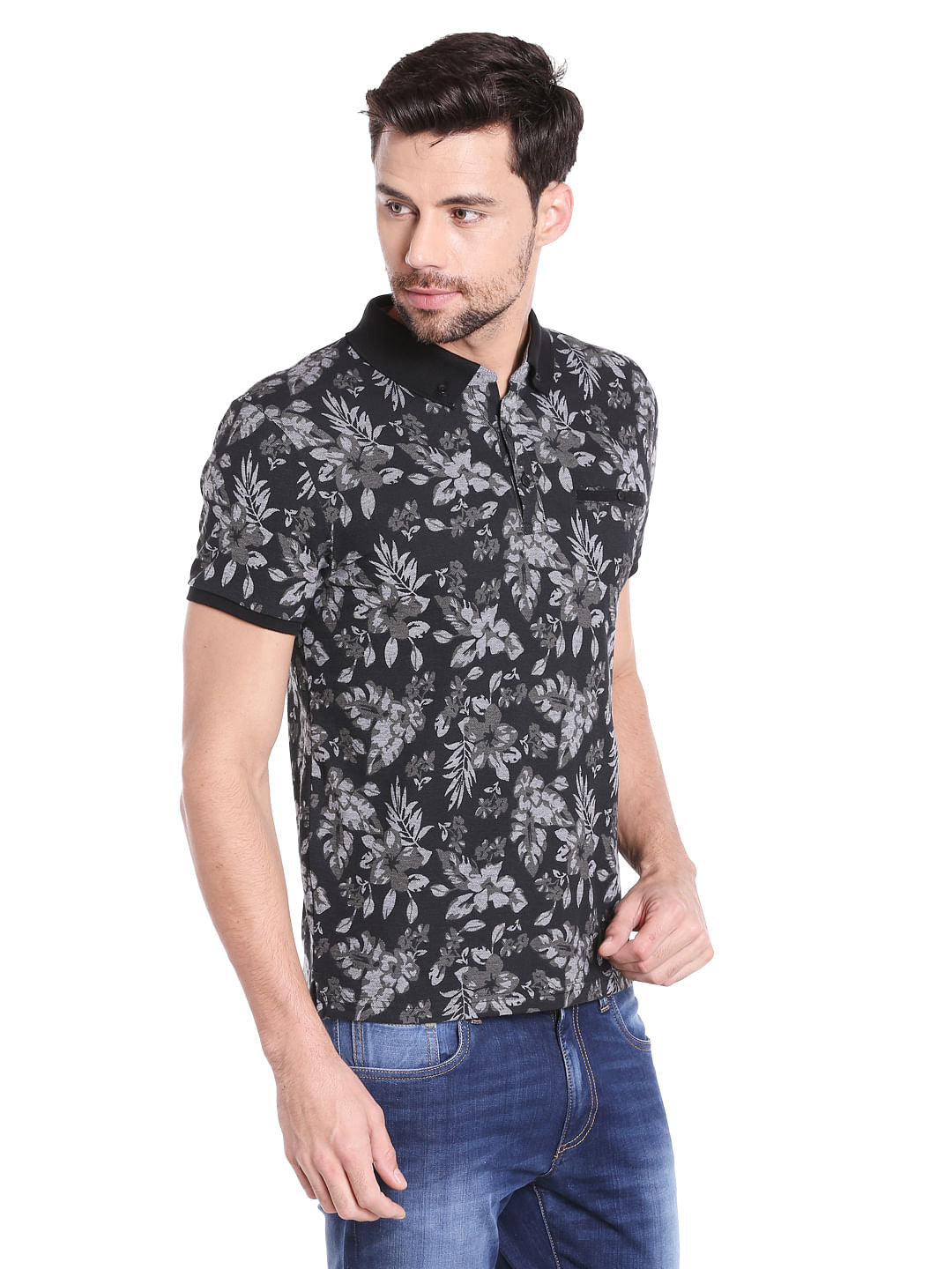 Black Floral Print Polo T-Shirt