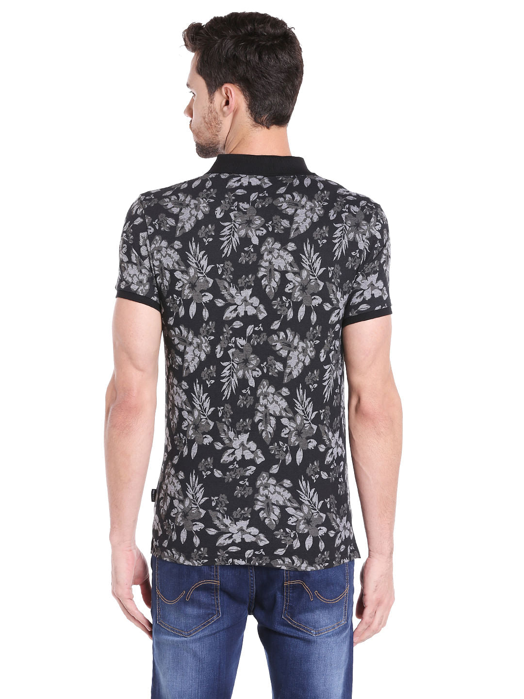 Black Floral Print Polo T-Shirt