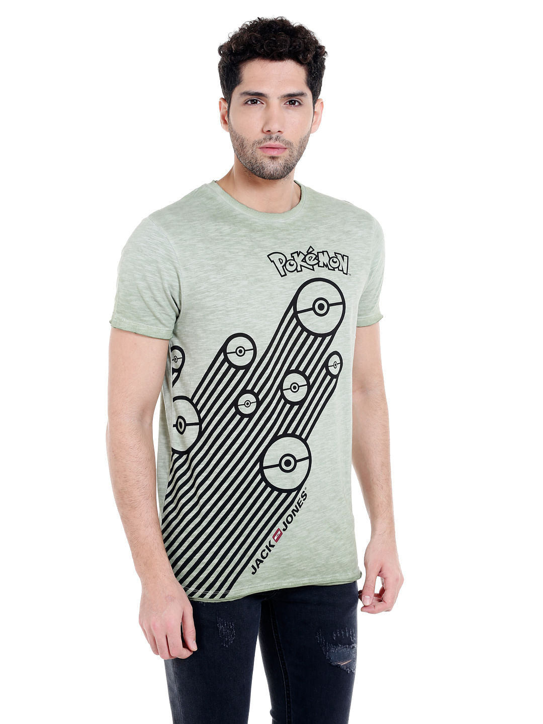 X Pokemon Light Green Poke Ball Print Crew Neck T-Shirt