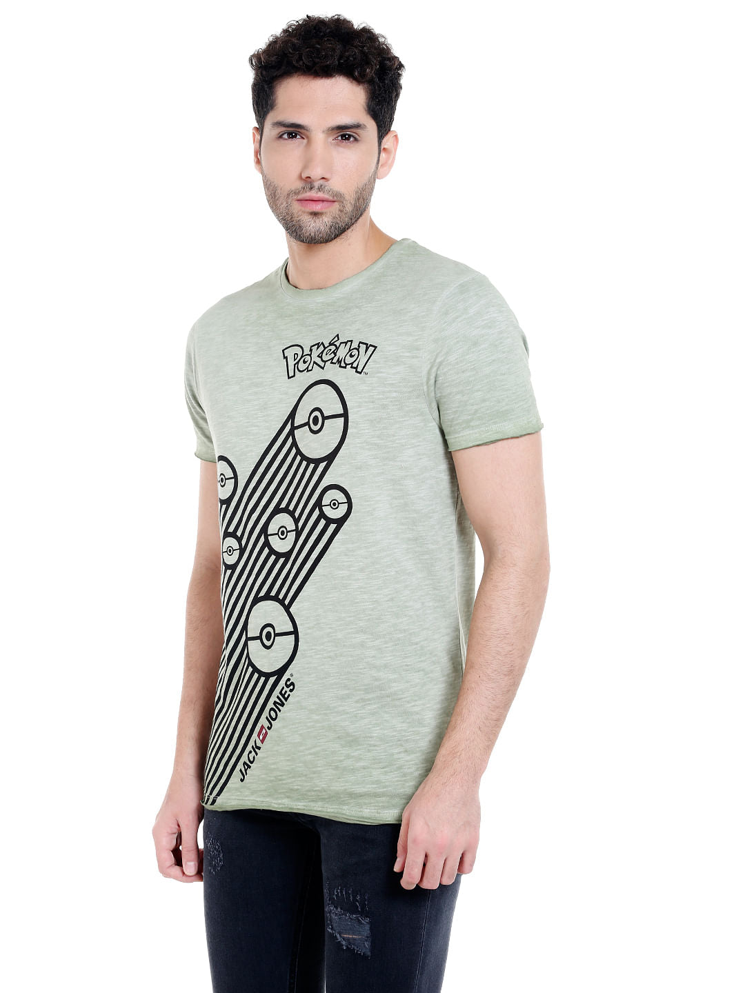 X Pokemon Light Green Poke Ball Print Crew Neck T-Shirt