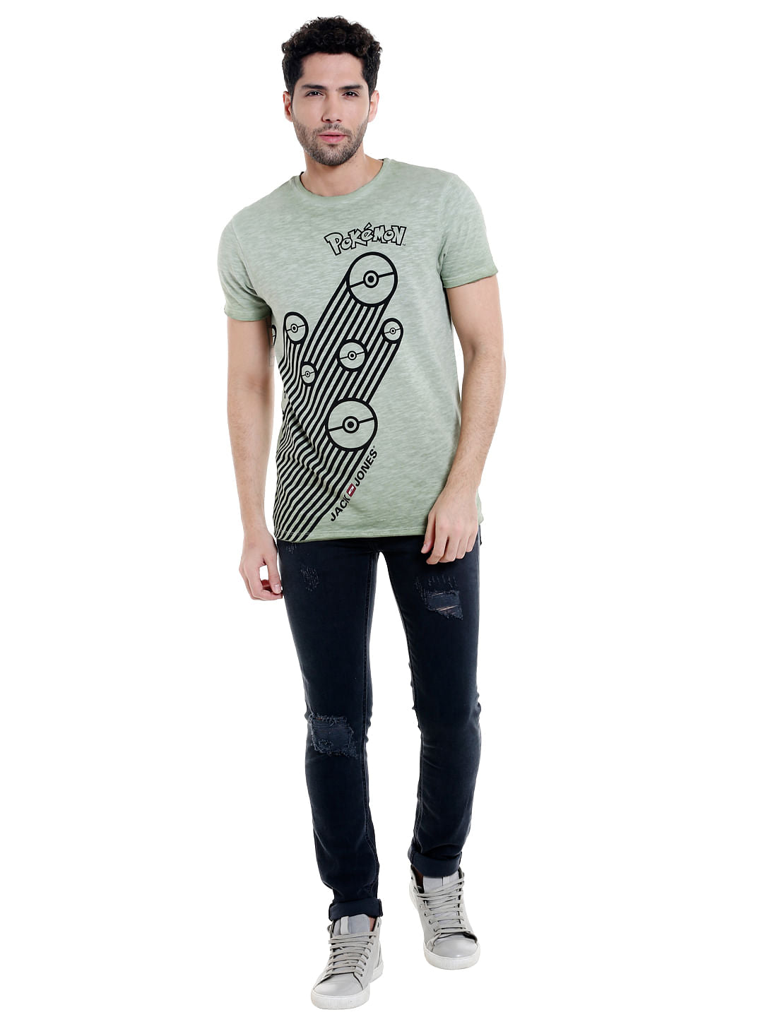 X Pokemon Light Green Poke Ball Print Crew Neck T-Shirt