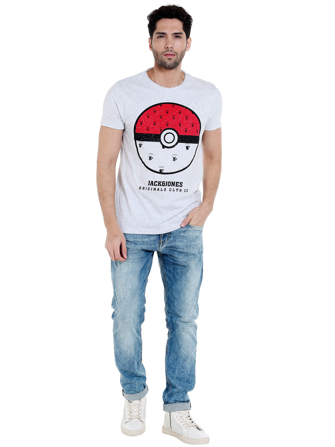X Pokemon White Poke Ball Print Crew Neck T-Shirt