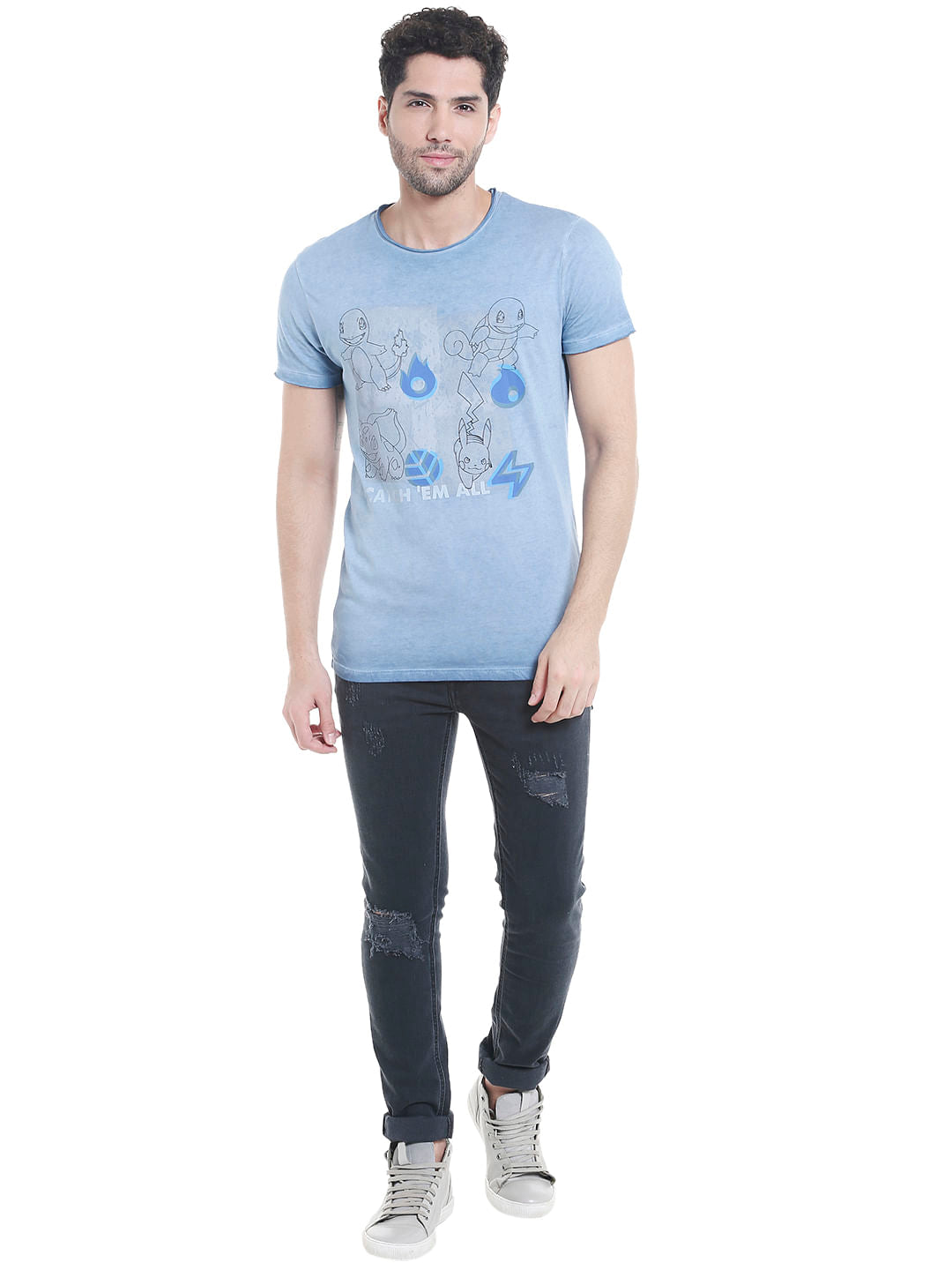 X Pokemon Blue Graphic Print Crew Neck T-Shirt