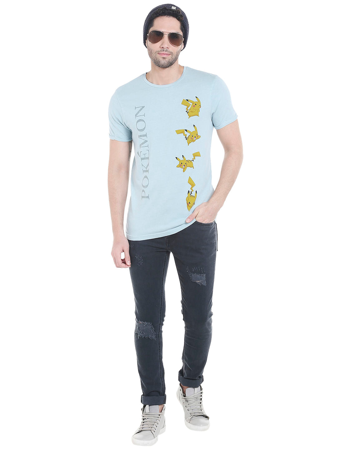 X Pokemon Light Blue Pikachu Print Crew Neck T-Shirt