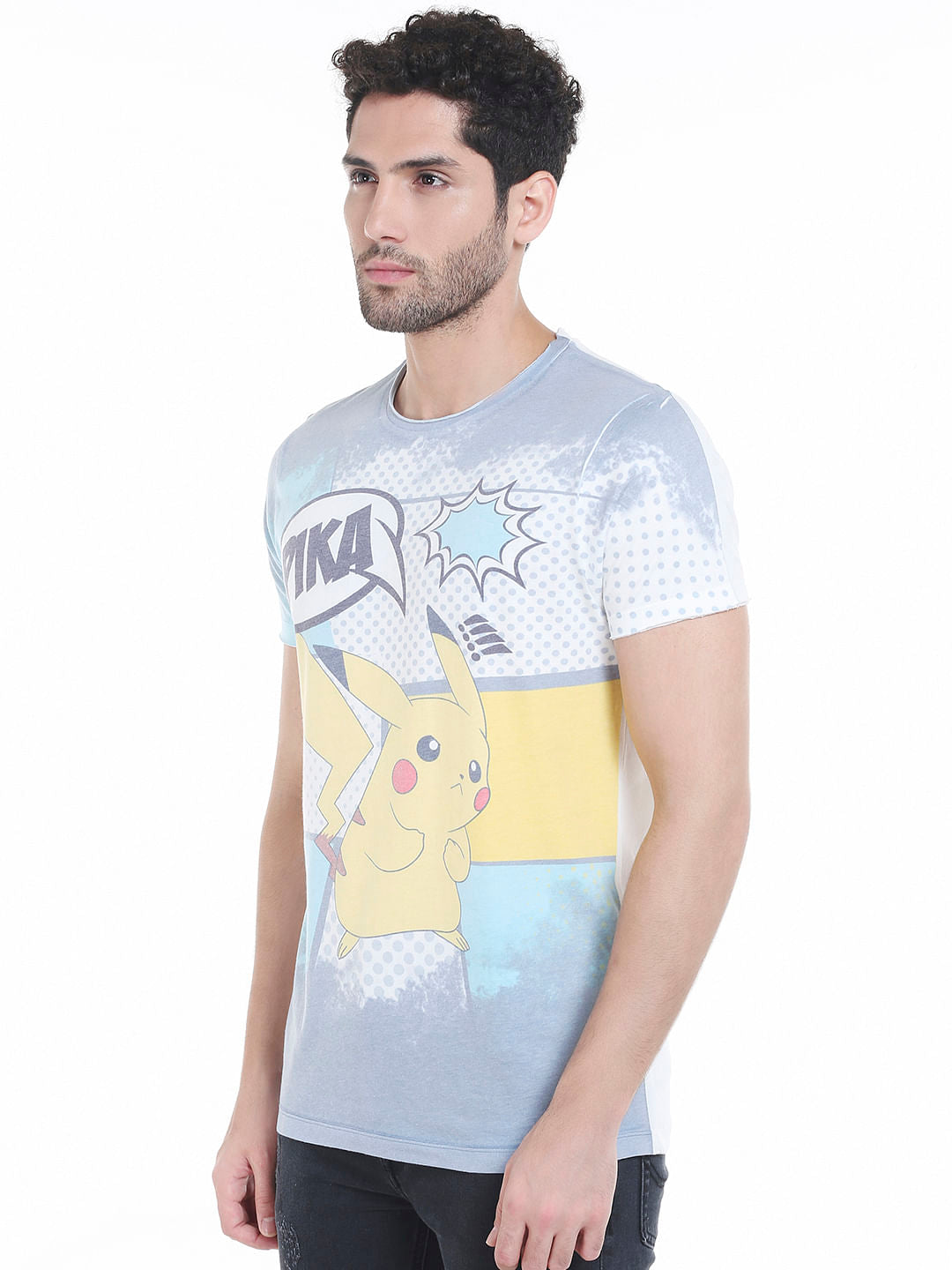 X Pokemon Light Grey Pikachu Print Crew Neck T-Shirt