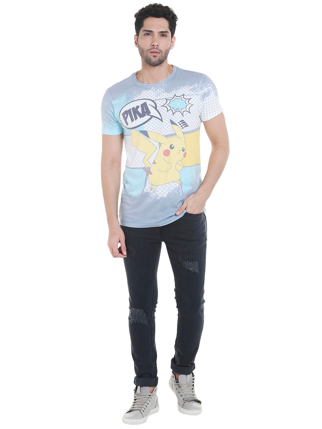 X Pokemon Light Grey Pikachu Print Crew Neck T-Shirt