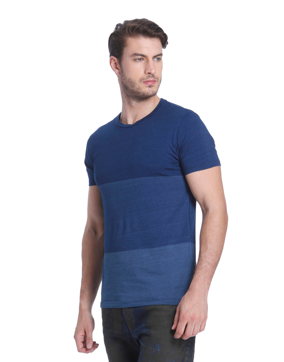 Blue Colour Blocked Crew Neck T-Shirt