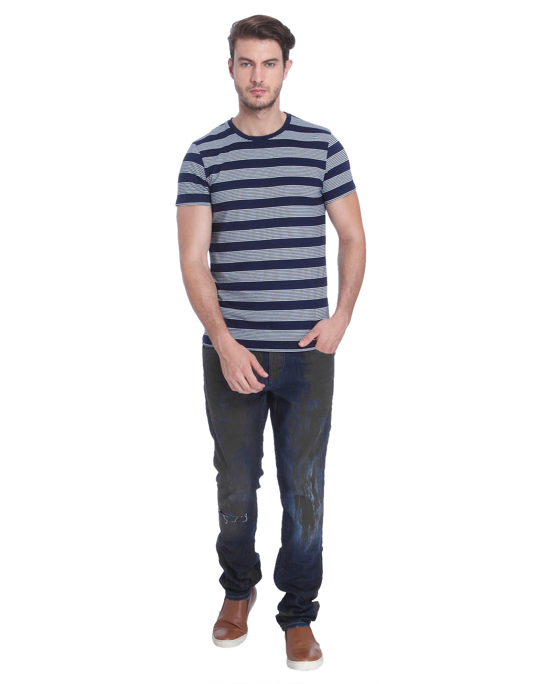 Dark Blue Striped Crew Neck T-Shirt
