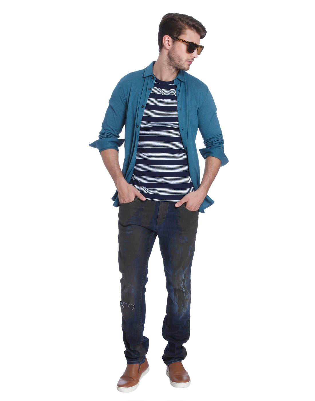Dark Blue Striped Crew Neck T-Shirt