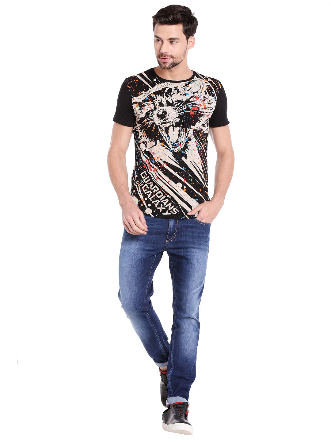 X Guardians Of The Galaxy Rocket Raccoon Print Black Crew Neck T-Shirt