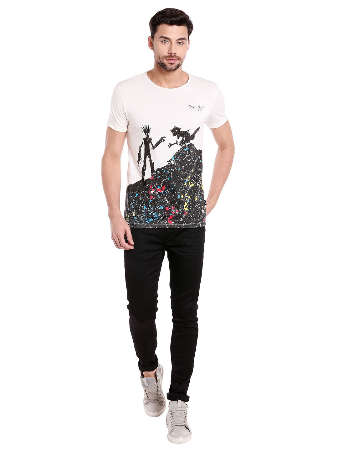 X Guardians Of The Galaxy Rocket Raccoon And Groot Print White Crew Neck T-Shirt