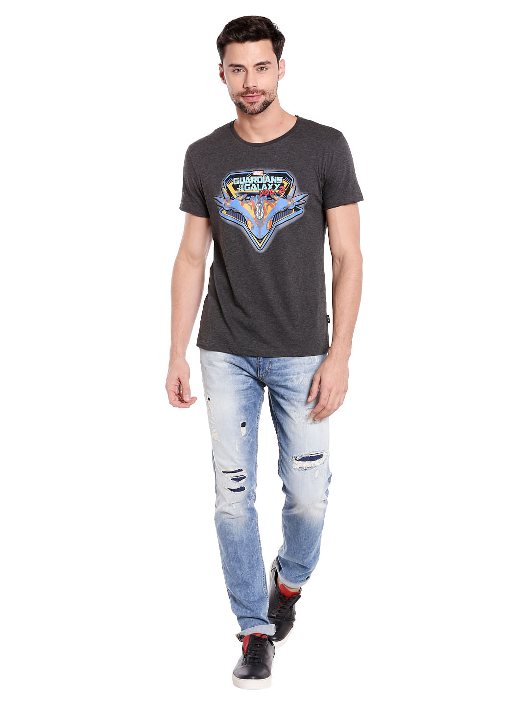 X Guardians Of The Galaxy Graphic Print Dark Grey Crew Neck T-Shirt
