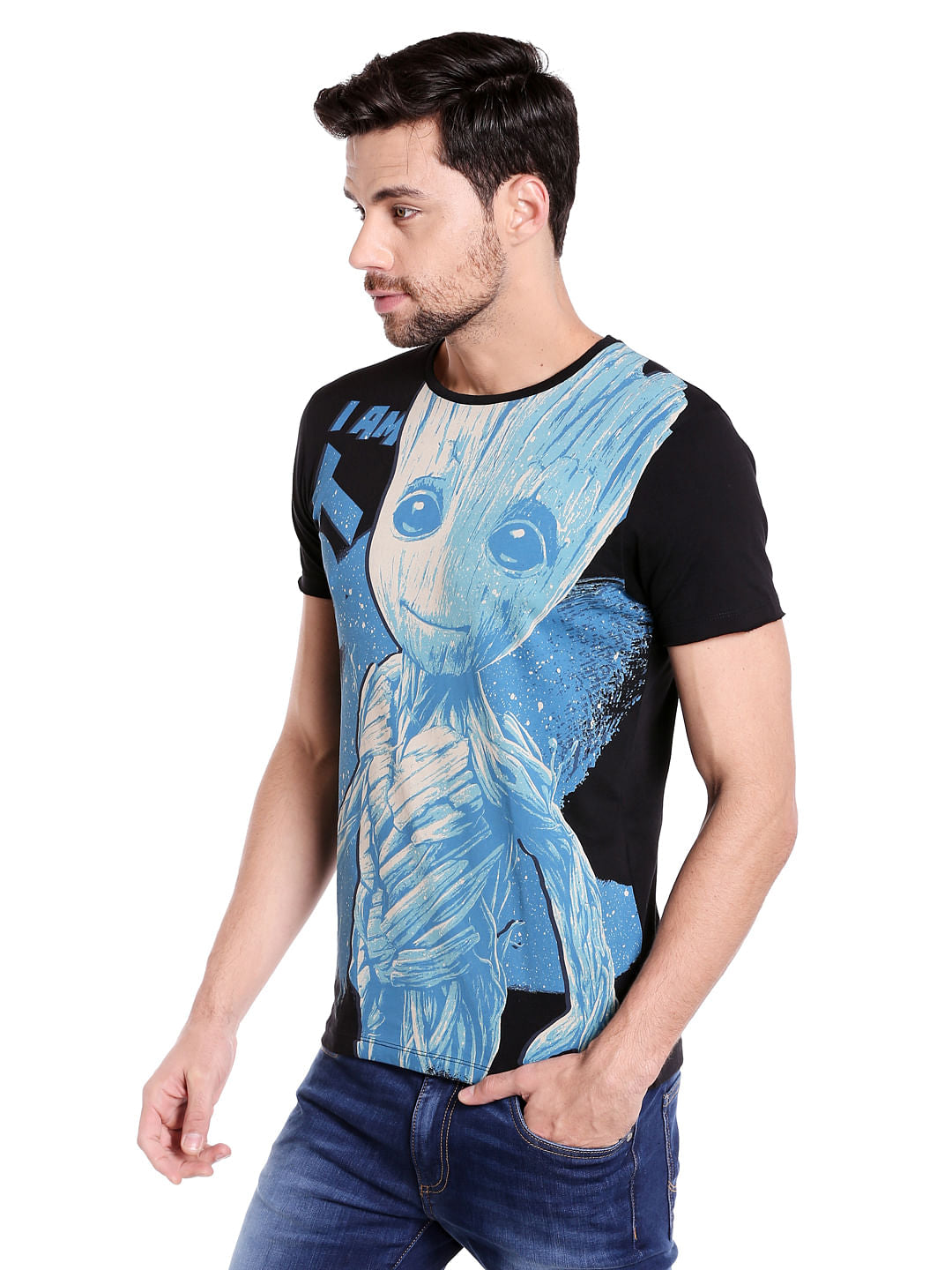 X Guardians Of The Galaxy Groot Print Black & Blue Crew Neck T-Shirt