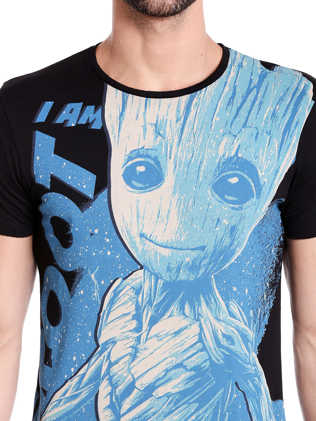 X Guardians Of The Galaxy Groot Print Black & Blue Crew Neck T-Shirt