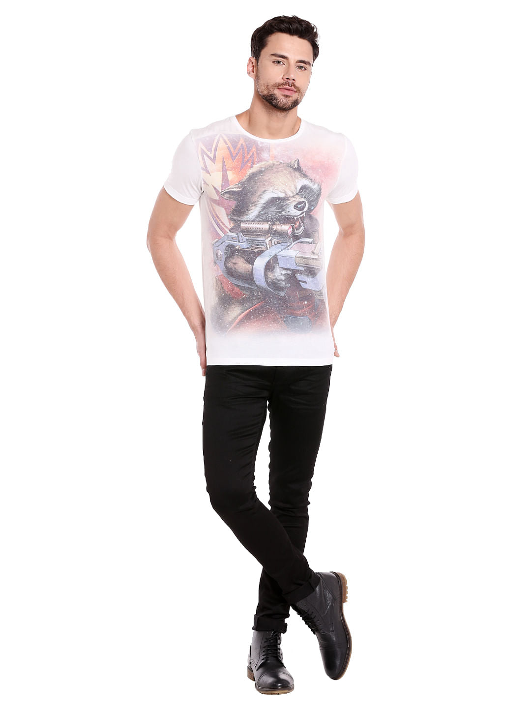 X Guardians Of The Galaxy Rocket Raccoon Print White Crew Neck T-Shirt