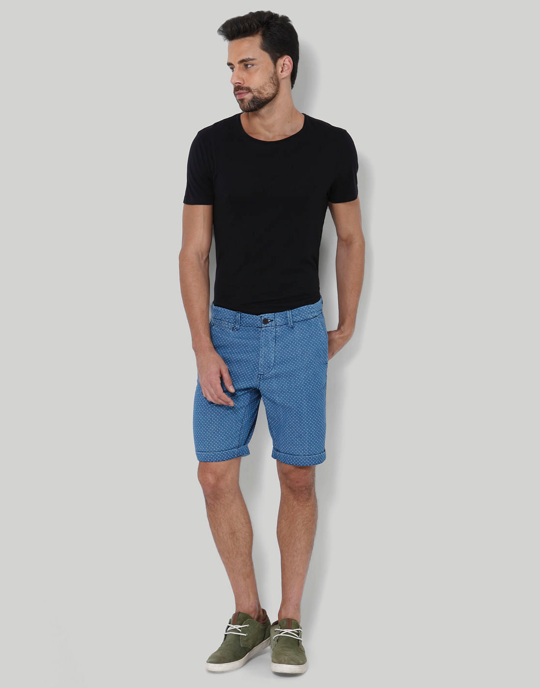 Blue Printed Mid Rise Slim Fit Denim Shorts