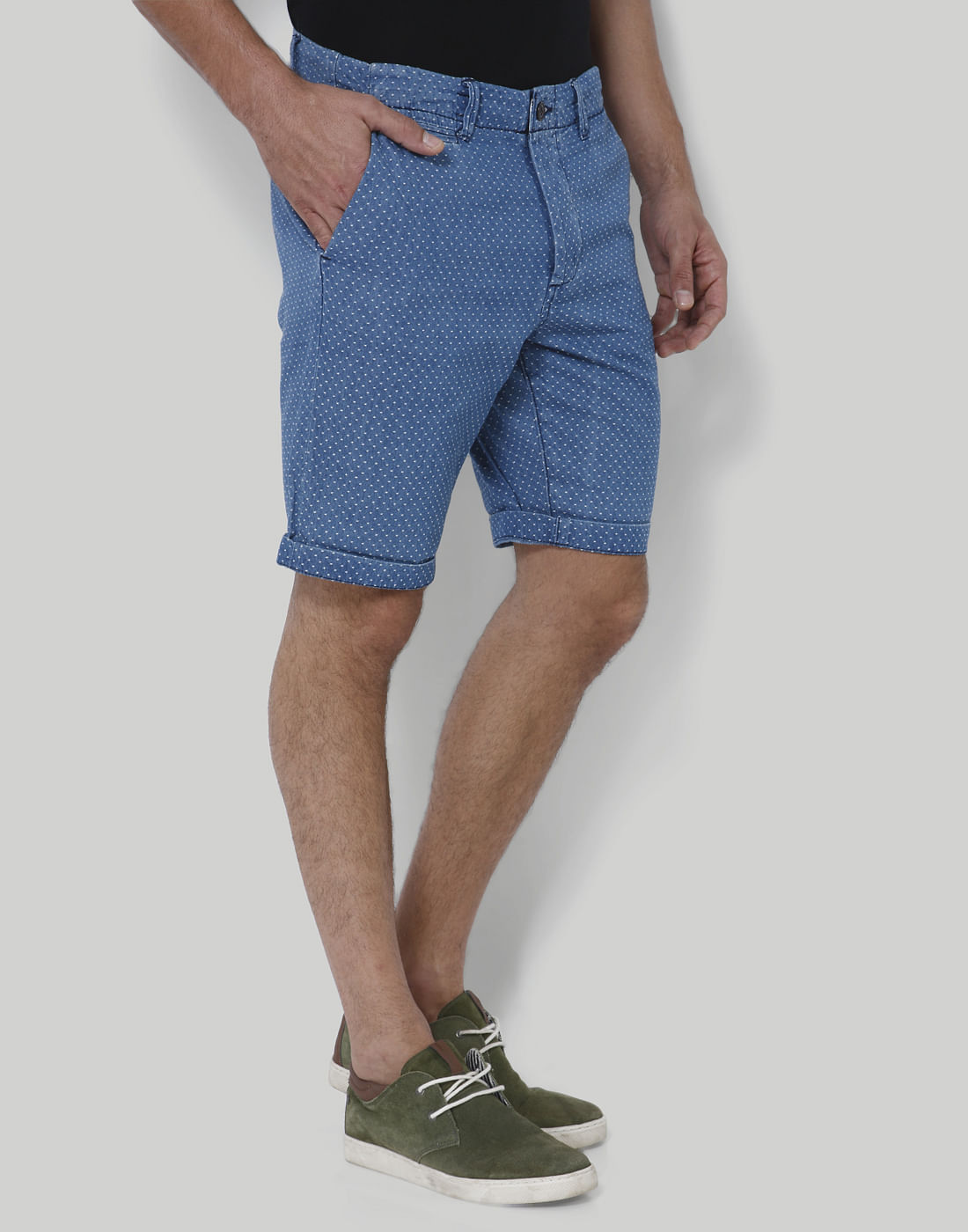 Blue Printed Mid Rise Slim Fit Denim Shorts