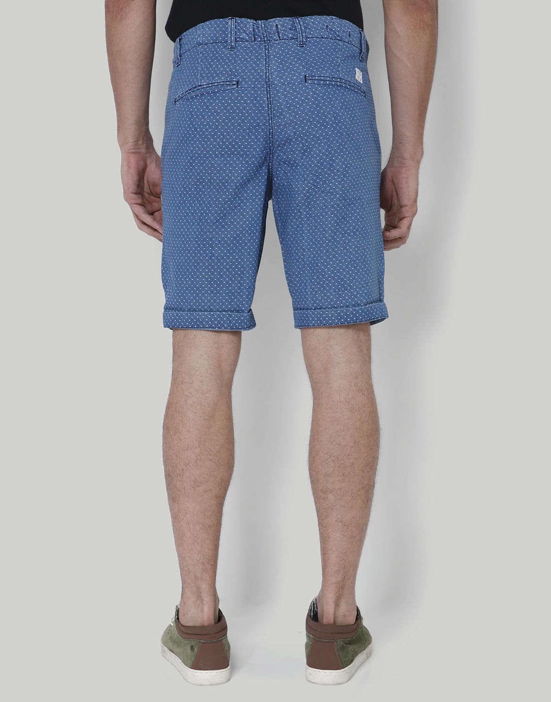 Blue Printed Mid Rise Slim Fit Denim Shorts