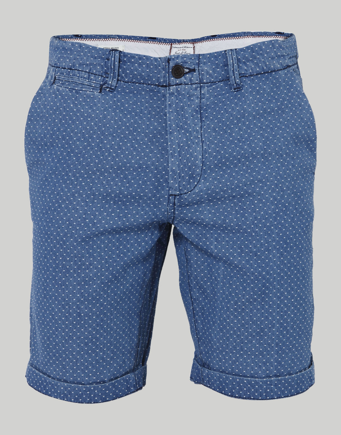 Blue Printed Mid Rise Slim Fit Denim Shorts