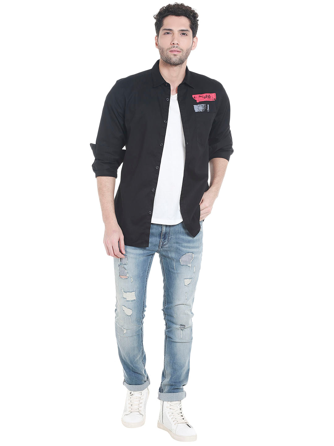 Black Slogan Print Slim Fit Shirt