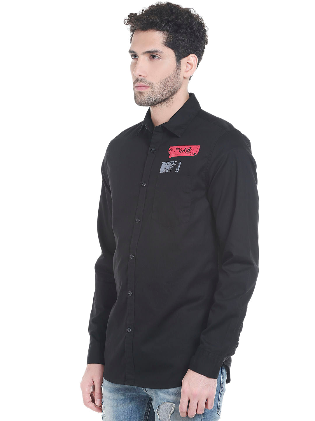 Black Slogan Print Slim Fit Shirt