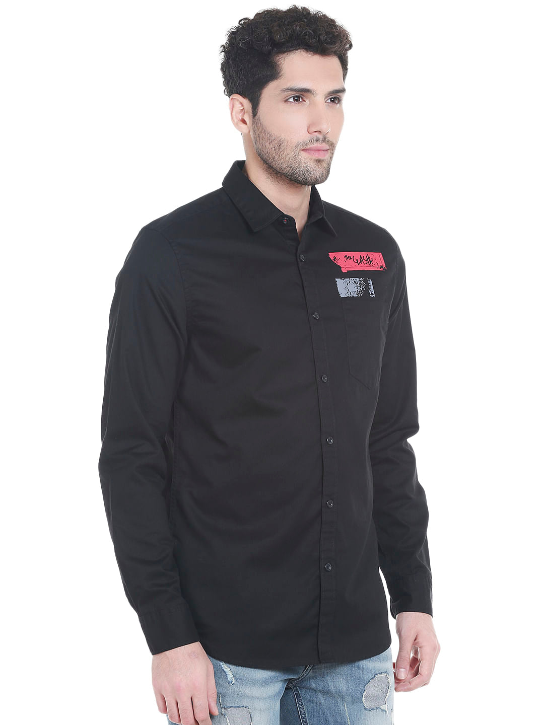 Black Slogan Print Slim Fit Shirt